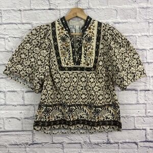 Anthropologie S Puff Sleeve Pleated Blouse Floral Tie Neck Boho Peasant Cotton